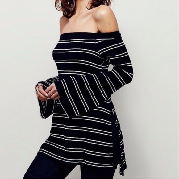 Free People Tops - FREE PEOPLE 'Bout Time Ribbed Striped Bell Sleeve Side Slit Tunic Top